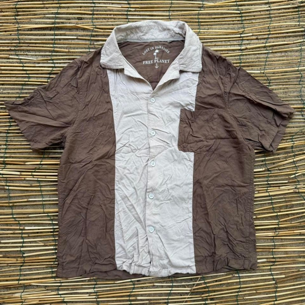 Free‎ Planet Bowling Shirt Mens Size Small Brown Beige Colorblock Short Sleeve
